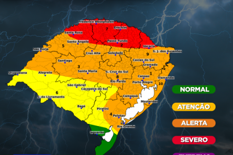 Defesa Civil amplia área de risco severo para ventos acima de 100km/h, chuvas intensas e granizo de grande porte no norte do RS
